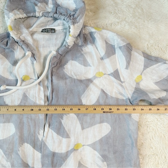 Women Light Gray Floral 100% Linen Hoodie Open Jacket - Picture 4 of 7